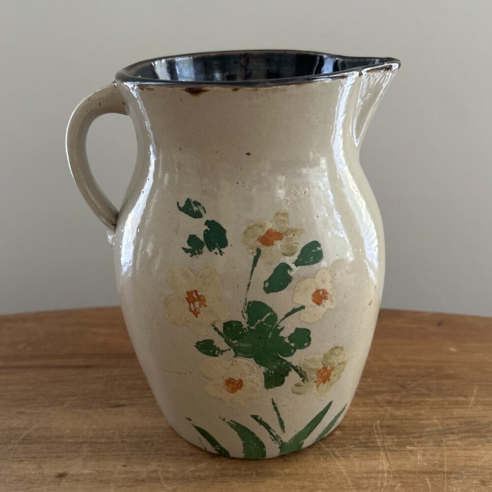 Vintage Beige Rustic Cottagecore Farmhouse 7" Pitcher Pottery Stoneware Painted